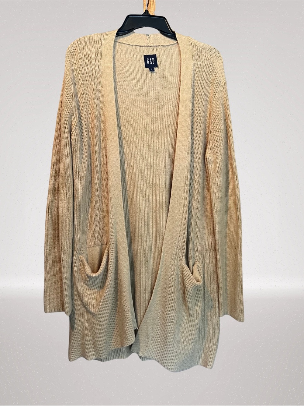 GAP Women’s Medium Oatmeal Open Front Long Cardigan Sweater Knit Pockets Neutral